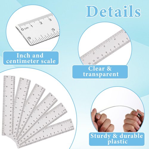 JIYIN 6 Pack 6 Inch Ruler, Clear Plastic Rulers Small Straight Ruler with Centimeters and Inches, Durable Transparent Measuring Tool for School, Office, and Home Use