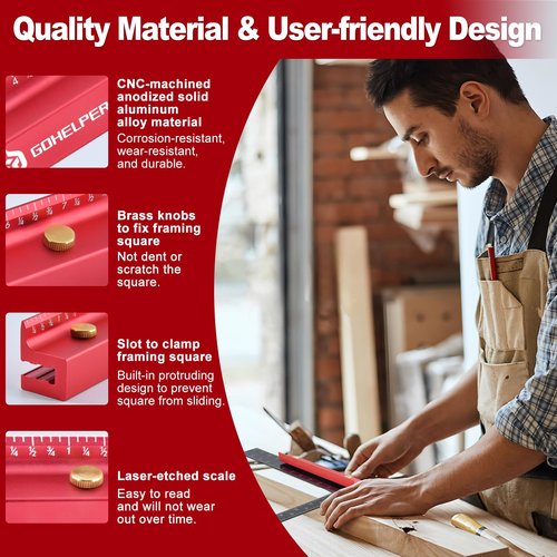 8 Inch Removable Carpenter Framing Square Fence with Edge Marking Ruler, Anodized Solid Aluminum Alloy Body & Brass Knobsn for Woodworking Measuring Ruler Stops Fences