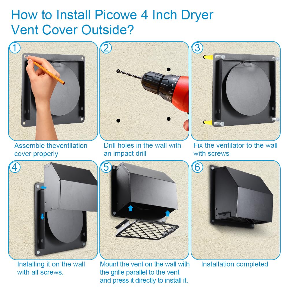 Picowe 4 Inch Dryer Vent Cover Outside, Metal Wall Vent Cover with Removable Lid & Noise-Reducing Sponge Gasket, for Dryer, Bathroom, Kitchen, Garage Exhaust