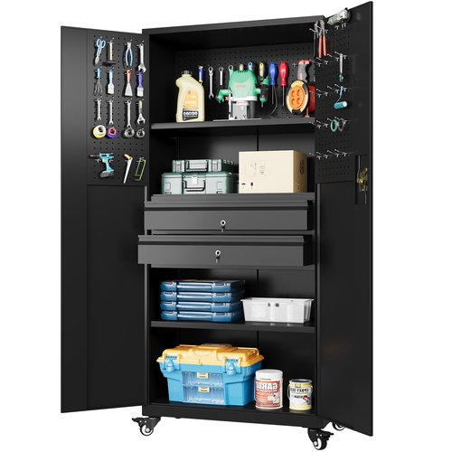 JFHID 71" Metal Garage Storage Cabinet with Drawers and Wheels Rolling Tool Chest Cabinet with Pegboards, Lockable Storage Cabinets with Adjustable Shelves for Warehouse,Workshop,Garage, Basement
