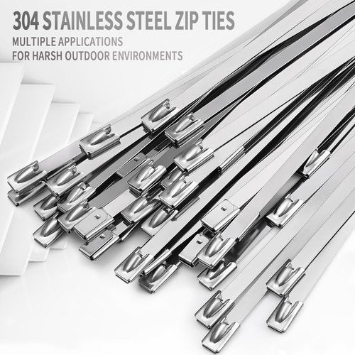 Metal Zip Ties 11.8 inch 100pcs 304Stainless steel Heavy duty Multi-purpose Self-locking Cable Ties Suitable for in machinery, vehicles, farms, pipes, roofs,cables, as well as Outdoor binding