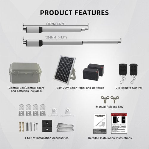 X X-HOUSE C05 Automatic Gate Opener with Solar Panel & Batteries for Light to Medium Duty Dual Swing Gates Up to 770lb 14ft per Arm Electric Gate Opener with 2 Remotes Complete Kit Solar Powered
