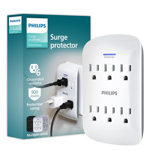 Philips 6-Outlet Extender Surge Protector, Wall Tap, 900 Joules, 3-Prong, Space Saving Design, Protection Indicator LED Light, ETL Listed, White, SPP3461WA/37
