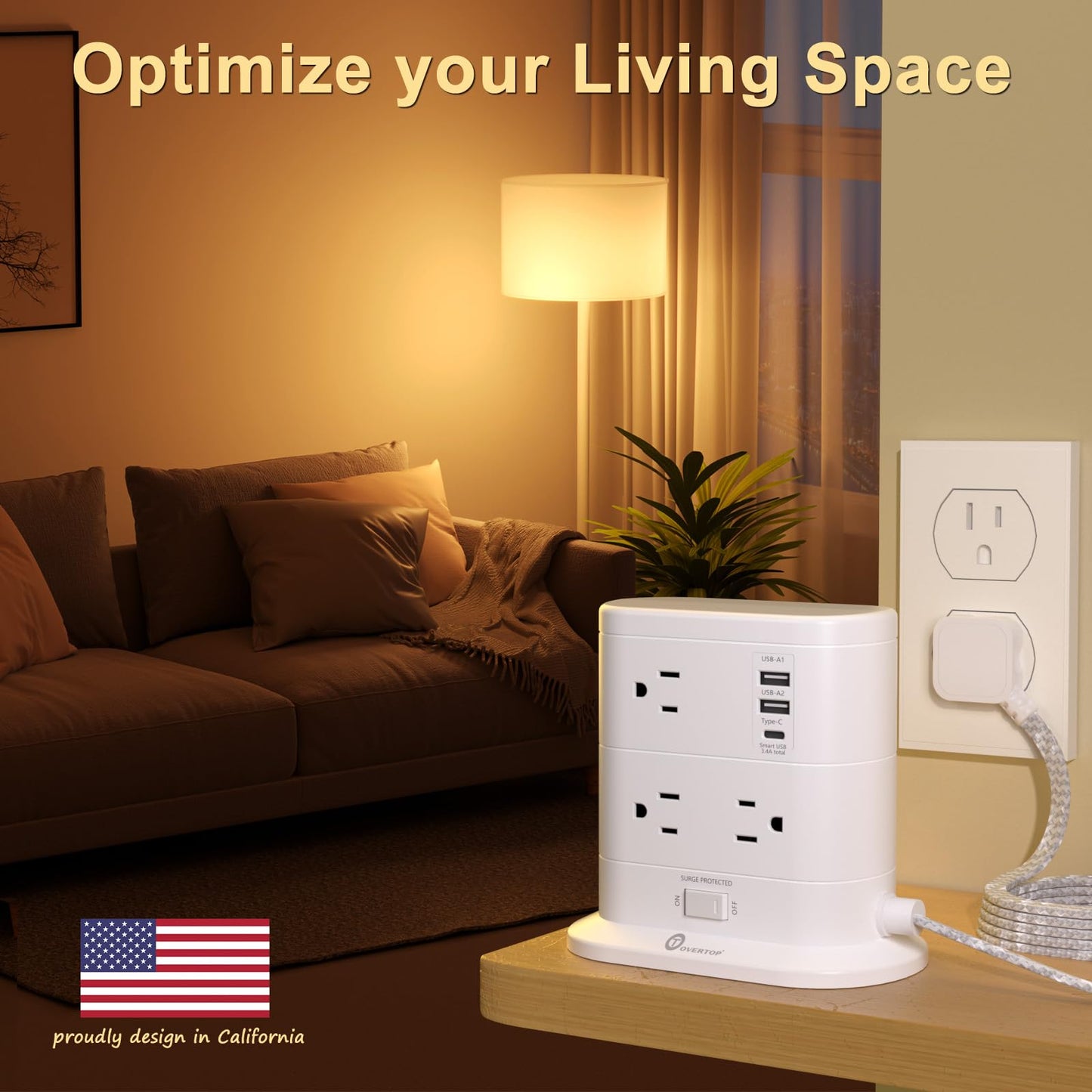 Tower Power Strip with Surge Protection, Flat Plug Power Strip with 7 AC Outlets 3 USB Ports, Tower 1625W/13A 1600J, 6Ft Extension Cord with Multiple Outlets, Office Supplies, Dorm
