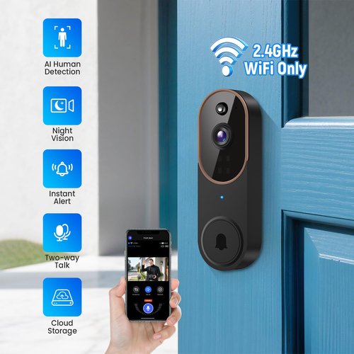 SearByte 1080p Wireless Smart Doorbell Camera with Doorbell Receiver, HD Live Image, AI Human Detection, 2.4GHz Wi-Fi, Two- Way Audio, Cloud Storage, Battery Powered Camera (Brown)