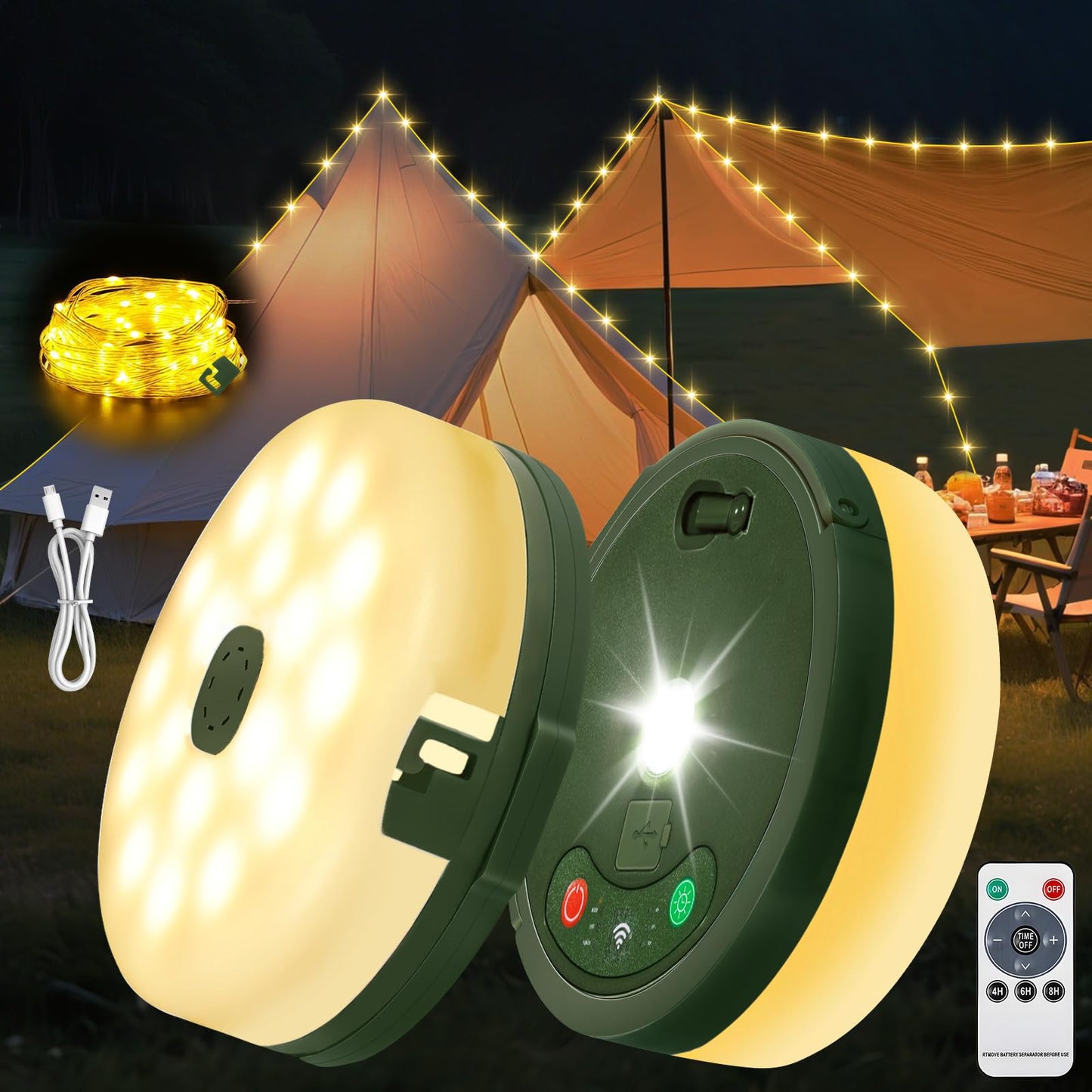 HELESIN Camping Light USB Rechargeable Waterproof Portable Stowable String Light, 4 in 1 Camping String Lights Outdoor with 8 Modes Tent Lights for Camping, Hiking, Yard, RV (Warm Light)
