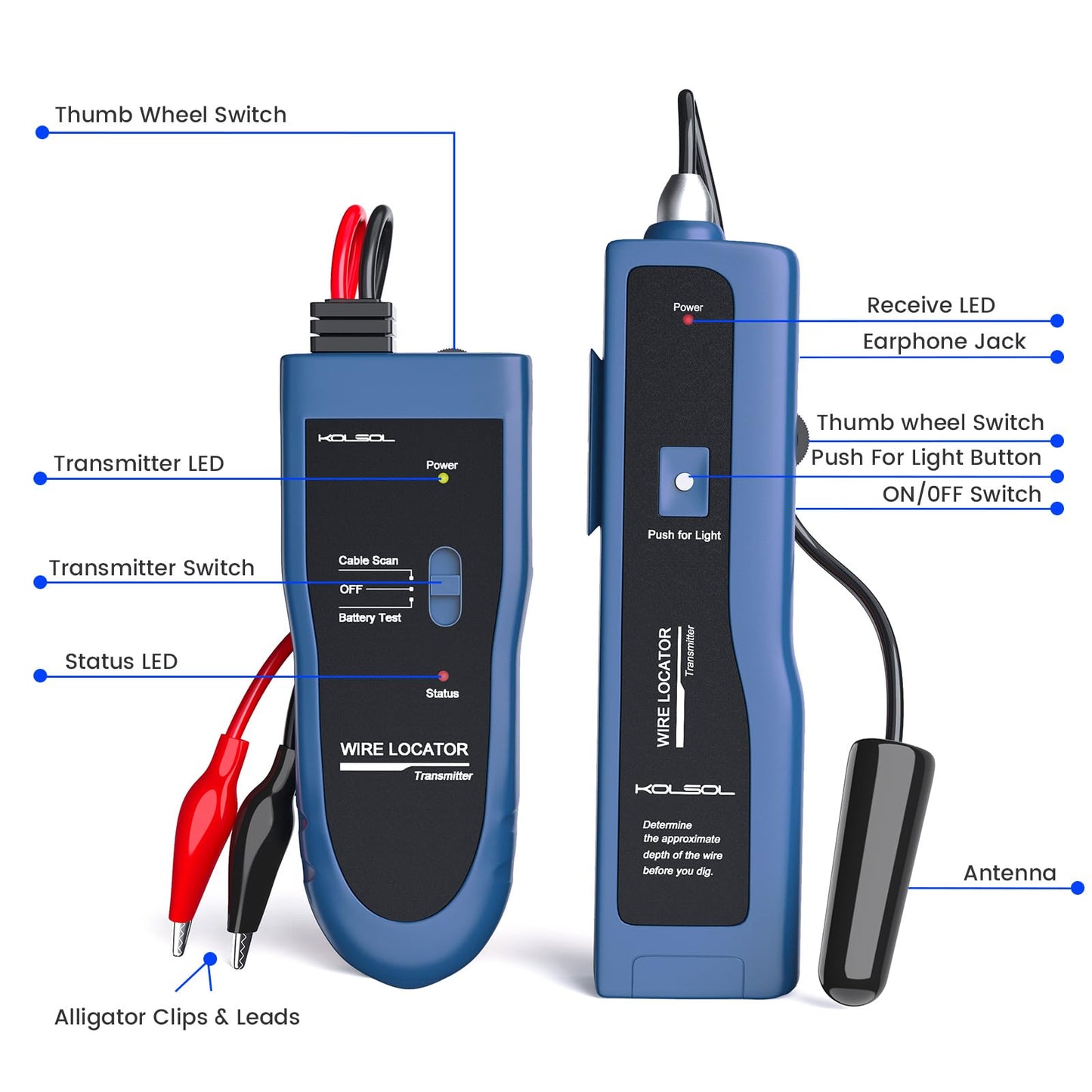 KOLSOL Underground Wire Locator, Cable Tester F02 Pro for Locate Wires, Locate Control Wires Cables Pet Fence Wires, up to 3 Feet Deep 1640 Feet Length, Equiped with Rechargeable 1100mAh Battery