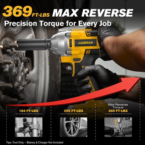 AIDERAR Cordless Impact Wrench for DeWalt Battery, 500Nm (369Ft-Lbs) 1/2" & 1/4" Brushless Impact Gun, 2-Speed High Torque Power Tool for Tire Removal, Rusted Bolts, Car Maintenance(No Battery)