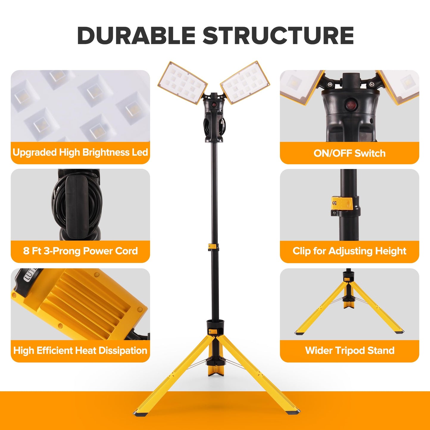 LUTEC 【Upgraded】 6290Pro 15000 Lumen 105 Watt Dual-Head LED Work Light with Telescoping Tripod, Work Light with Stand Rotating Waterproof Lamps and 8 Ft 3-Prong Power Cord