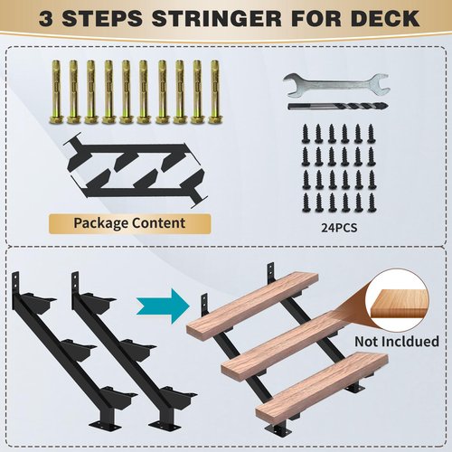 2 Pack Steel Stair Stringer, 3 Steps Stair Riser, Outdoor Metal Step Stringers for 20.7 Inch Height Deck