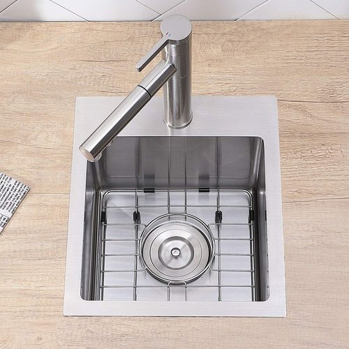 VCCUCINE Drop in Bar Sink, 15x15 Inch Topmount RV Small Kitchen Sink, Handmade Stainless Steel Wet Bar Sink, Outdoor Single Bowl, Brushed Nickel Prep Sink with Accessories