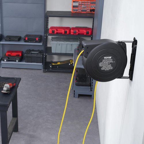 VEVOR Retractable Extension Cord Reel, 50 FT, Heavy Duty 14AWG/3C SJTOW Extension Power Cord with Lighted Triple Tap Outlet, 13A Circuit Breaker 180° Swivel Bracket for Ceiling or Wall Mount, Yellow