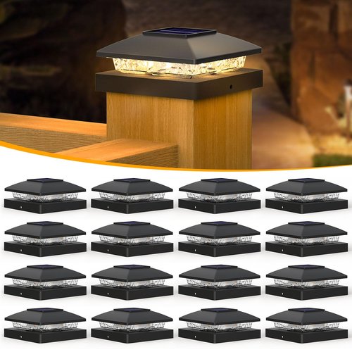 APONUO Solar Post Cap Lights for 4x4 Posts, Bright Warm White LED Post Cap Lights Solar Powered, IP64 Waterproof & All-Night Lighting, Black 16 Pack – Deck, Fence, Patio Light (Easy Install)