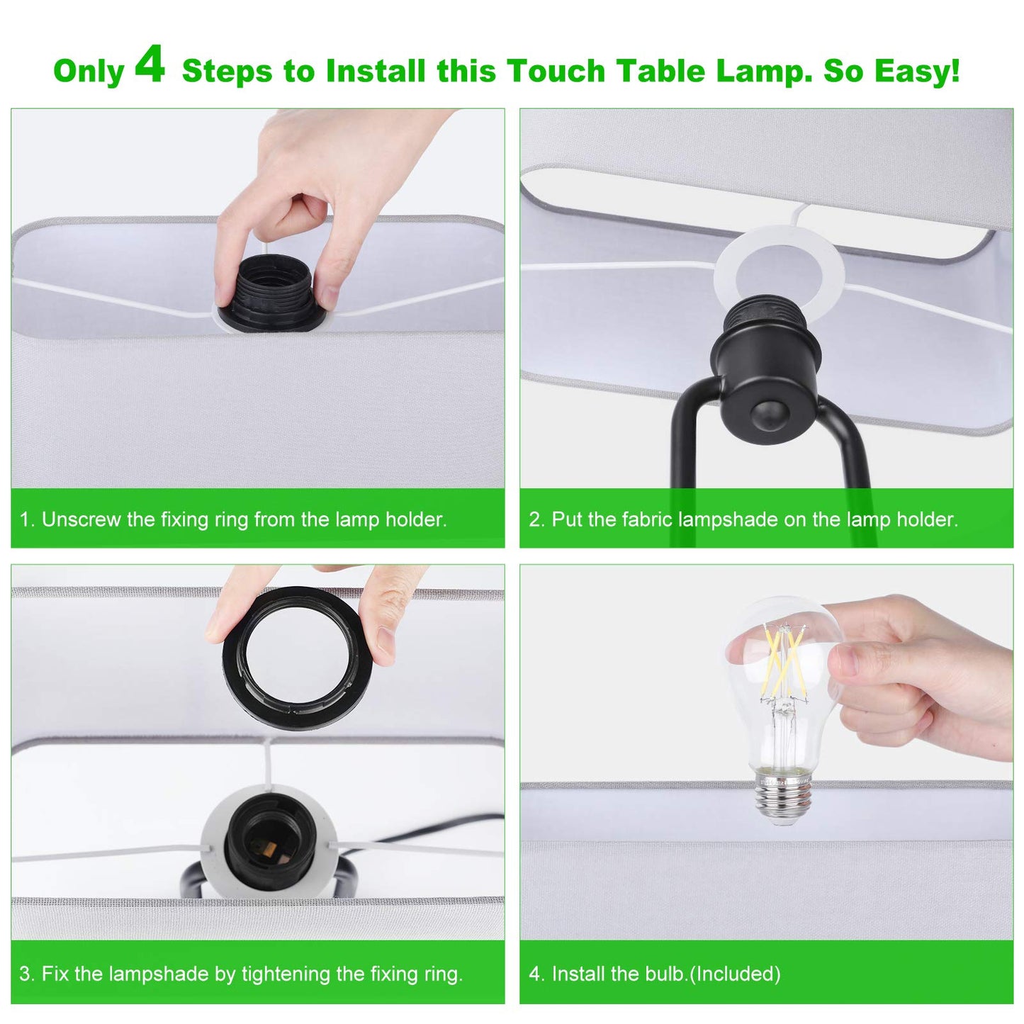 Lakumu Bedside Touch Control Table Lamps with Dual USB Charging Ports 1 AC Outlet, 3 Way Dimmable Modern Nightstand Lamp with Grey Fabric Shade, Desk Lamp for Bedroom Living Room with 5000K LED Bulb