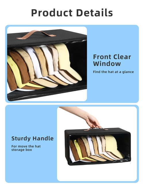 Beveetio 2 Pack Front-Opening Hat Organizer for Baseball Caps, Stackable Rigid Hat Storage Box with Clear Window, Space Saving Baseball Cap Organizer Holder for Closet, Holds Up to 30 PCS