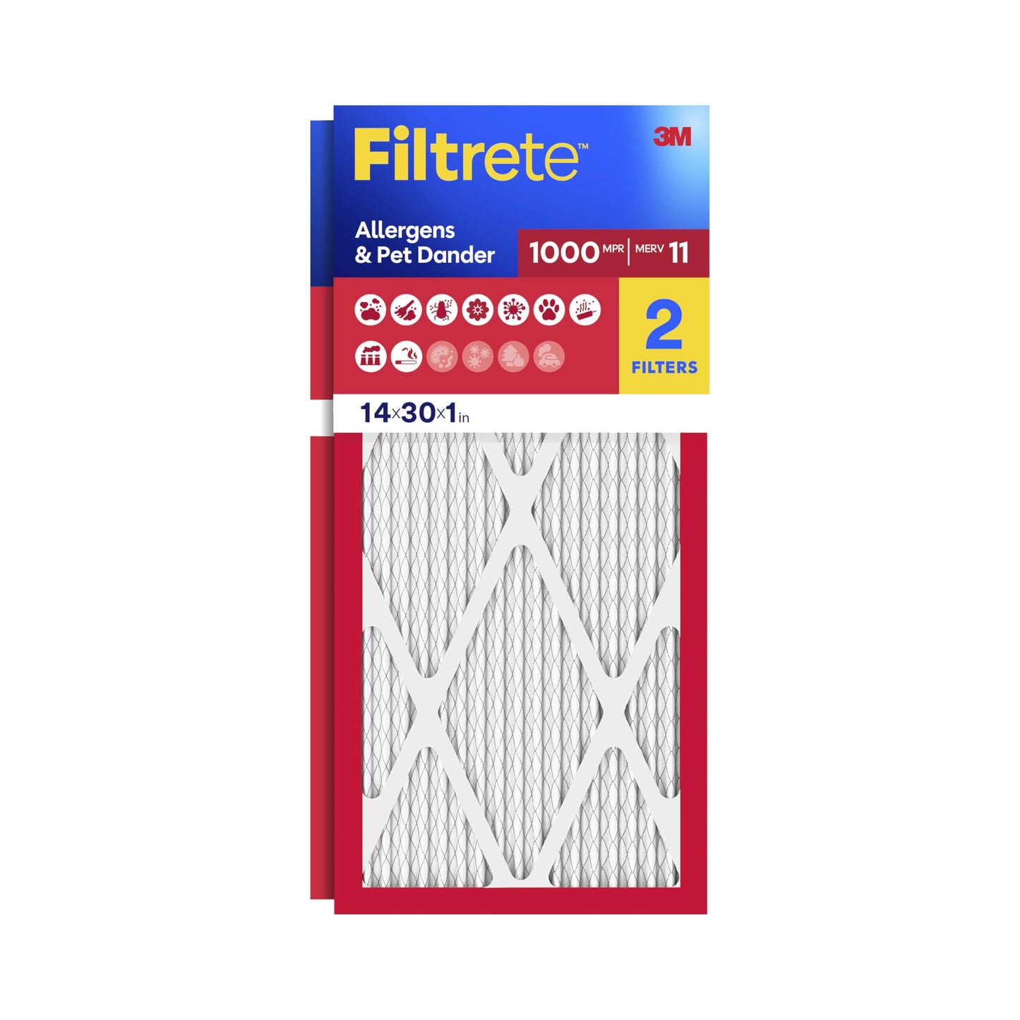 Filtrete 14x30x1 Air Filter, MERV 11, MPR 1000, Allergens & Pet Dander, 3-Month AC and Furnace Filters, Cleaner Air, Reliable Airflow, 2 HVAC Filters (Actual Size 13.68 x 29.68 x 0.81 in)
