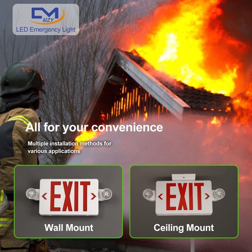 CM MZY LED Exit Sign with Emergency Lights,Exit Sign Light with Battery Backup, Red Letter Emergency Lights with Two Adjustable Heads,AC 120/277V, UL Certified,1PCS