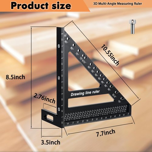 3D Multi-Angle Measuring Ruler, Multi-Angle Measuring and Marking Square, Large Carpenter Square 8.5''x7.7'' Woodworking Ruler, 15-90 Degree Aluminum Alloy Woodworking Square Protractor