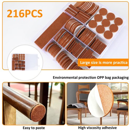 Felt Furniture Pads, 216 PCS Premium Furniture Pads, Self-Adhesive Wooden Hardwood Floor Non-Slip Stick-On Protectors with Box, Brown