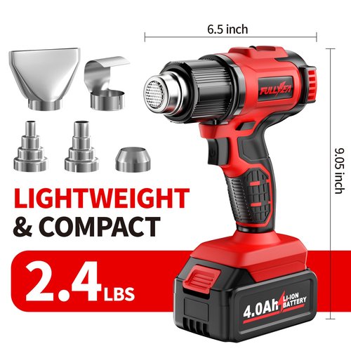 FULLYEA Cordless Heat Gun with 2 x 4.0Ah Batteries, 5 Nozzles Hot Air Gun Kit Portable, Max 1022°F (550°C) Fast Heating, 2-Temperature Setting, Heat Gun for Shrink Tubing, PVC Wrap, Crafts