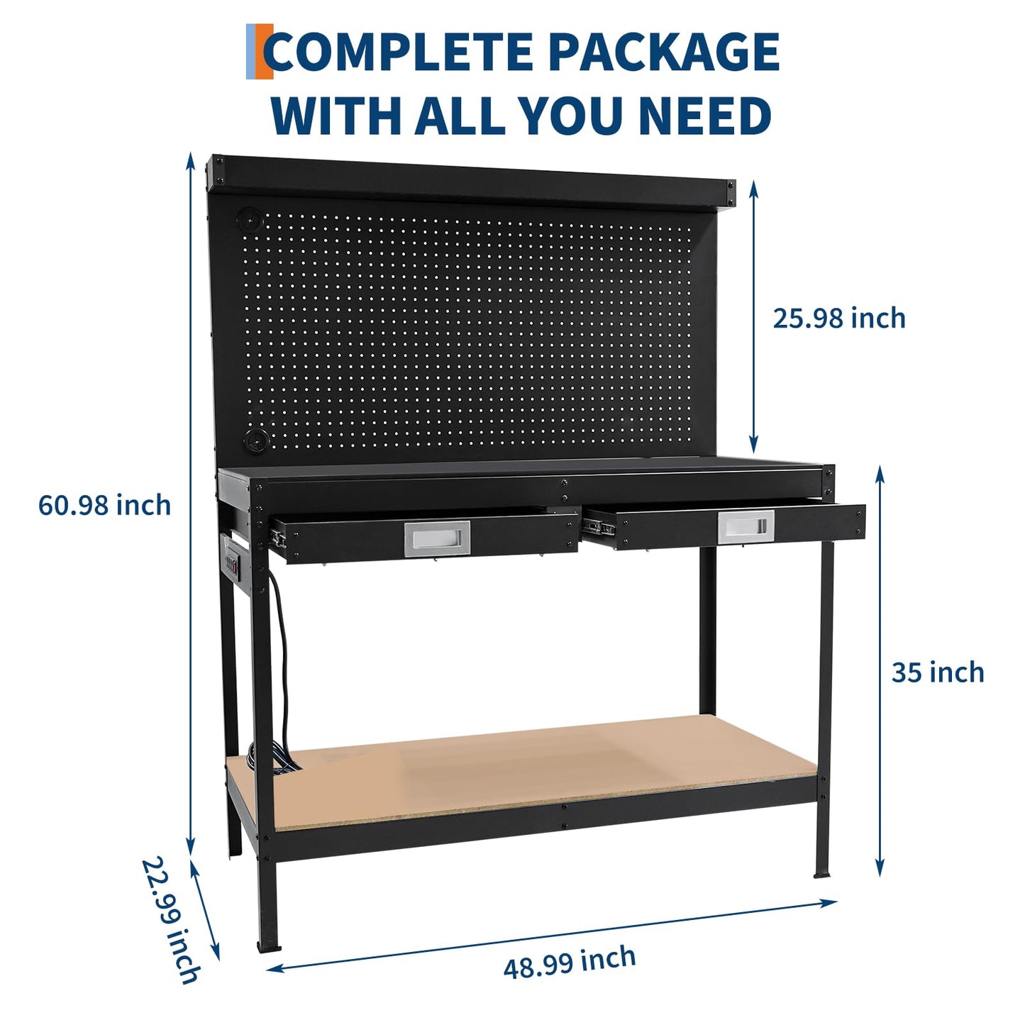 TrailBlaze 48.99"x 22.99" Workbench with 2 Drawers, 2-Tier Heavy Duty Workstation with Power Outlet, Pegboard and Shelf, Metal Tool Multifunctional Workbench for Garage Workshop