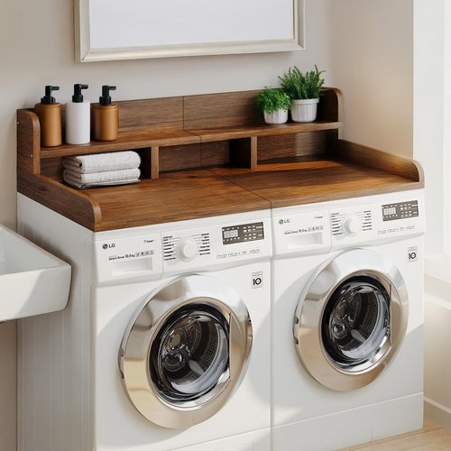 GOLINYOUBIZ Washer Dryer Countertop Shelf, 54"x27.5" Wooden Laundry Room Organizer with Raised Edges, Double-Layer MDF Topper for Washer Dryer, Waterproof (Natural Wood)