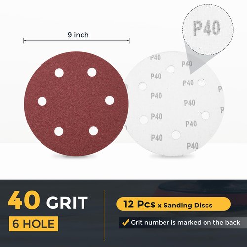 HARFINGTON 12 Pcs 9 Inch Sanding Disc 6 Hole 40 Grit Hook and Loop Sandpaper Random Orbital Sander Pads for Woodworking Automotive Metal Polishing