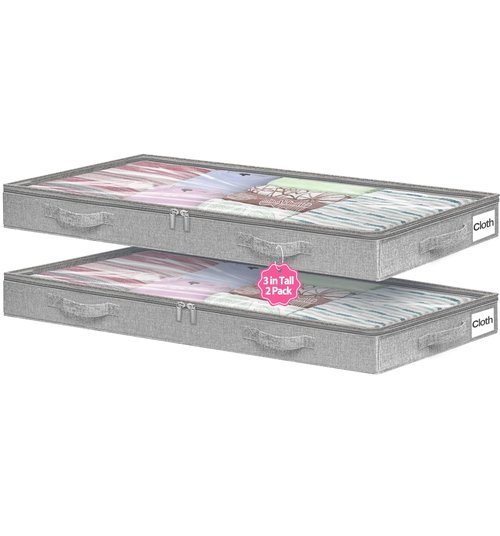 Low Profile Under Bed Storage, 3 Inches High Underbed Storage Containers Bins, NO STRUCTURE, Foldable Clothes Storage and Organizer with Lid & Zipper, Shallow Storage for Low Bed Couch Crib, 2-Pack