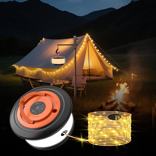 Phylosal Camping String Lights, 3 in 1 Outdoor Camping Light with 6 Lighting Modes, Quick Storage 32.8FT Rechargeable Tent Lantern, Portable LED Hanging Light for Outdoor Patio Awning Garden Party