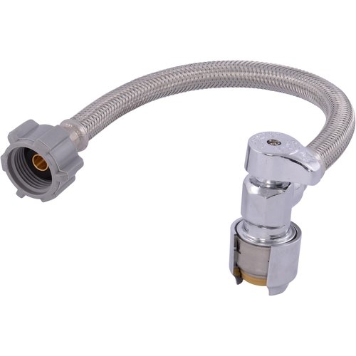 SharkBite Max 12 In. Stainless Steel Braided Toilet Connector with Angle Stop Valve, 1/2 Inch PTC x 7/8 Inch Ballcock, PEX Pipe, Copper, CPVC, PE-RT, HDPE, UR24656