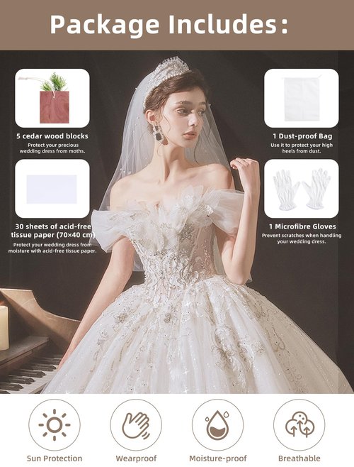 Coorganisers Wedding Dress Storage Box, Large Wedding Dress Preservation Box with 5 Cedar Wood Blocks, 30 Sheets of Acid-Free Tissue Paper, Microfiber Gloves, and Dust-Proof Bag-Beige&Linen Color