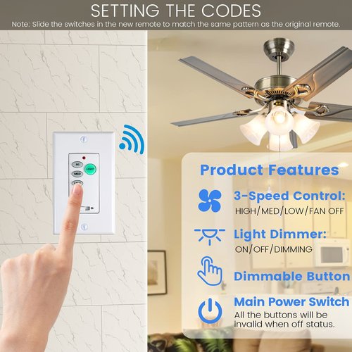 Eogifee Universal Ceiling Fan Wall Control 3 Speed Wall Mounted Fan Control Full Range Dimmer UC-9050T CHQ9051T…