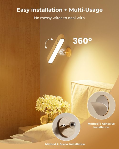 Rechargeable Wood Wall Sconce Indoor, LED Wall Light for Bedroom with Touch and Remote Control,360° Magnetic Rotate Wall Light,3 Colors Dimmable Brightness Wall Lamp with 15 RGB Colors,1 Pack