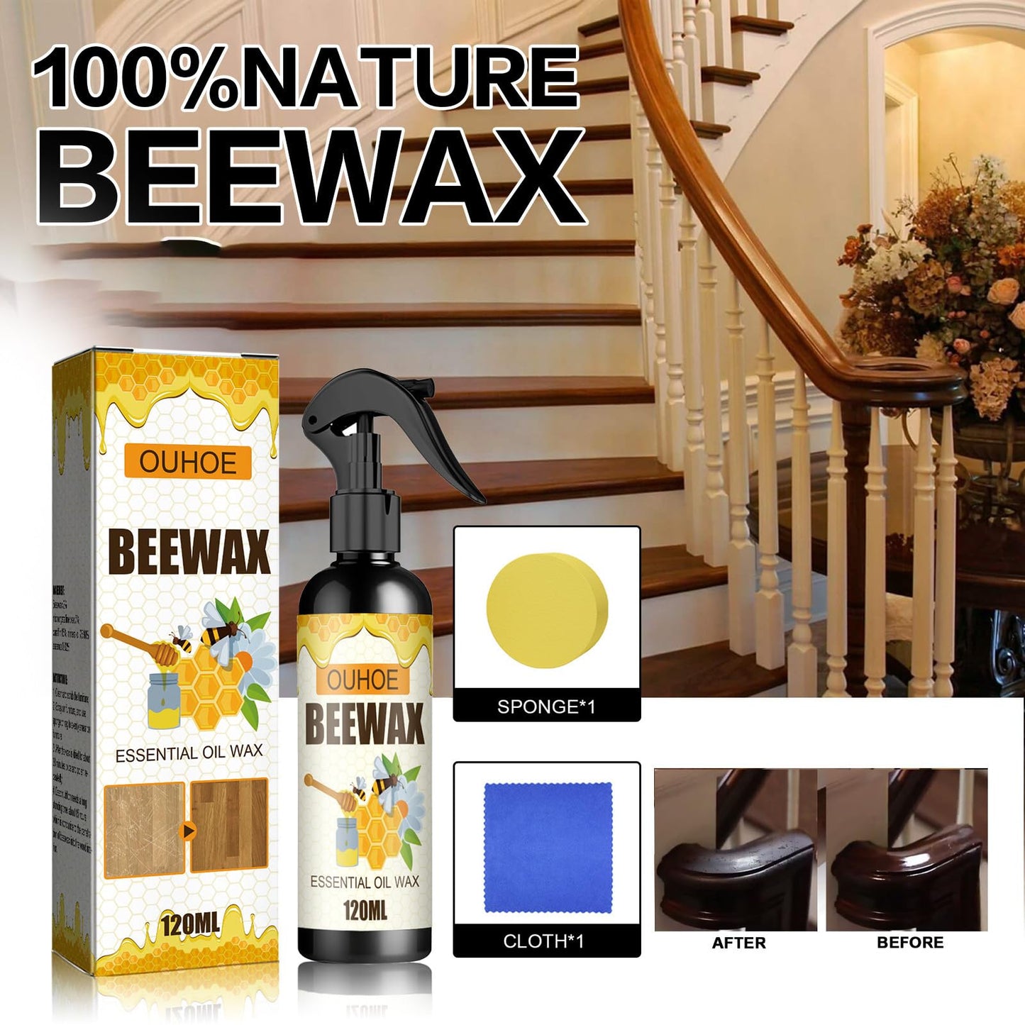 Beeswax Spray Furniture Polish, Used to for Kitchen Living Room Floors Wood Furniture Polish and Cleaner Care.(1Pcs)
