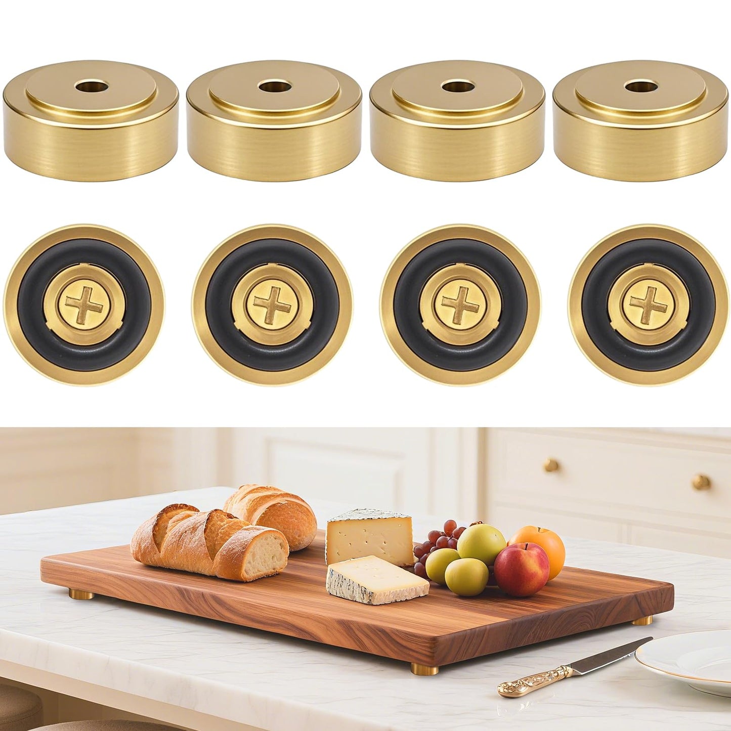 Zepkouel 8 Pack Brass Cutting Board Feet with Non Slip Pads,Rubber Feet for Cutting Board,1 Inch Rubber Feet Solid Brass