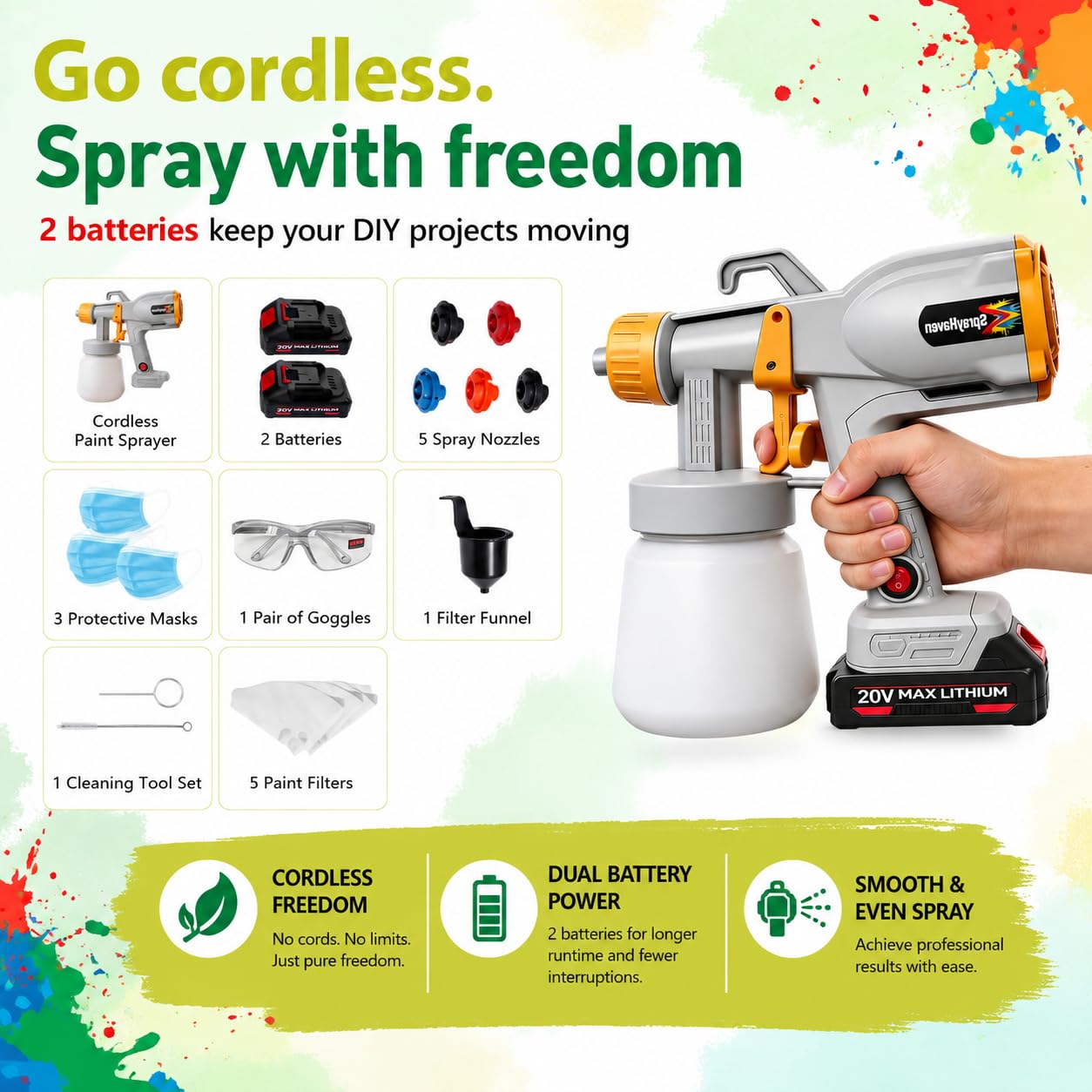 Cordless Paint Sprayer 2 Batteries 2.1 lbs Lightweight HVLP Electric Spray Paint Gun for DIY Homeowners House Painting Furniture Cabinets Walls 5 Nozzles 3 Modes Easy Cleaning