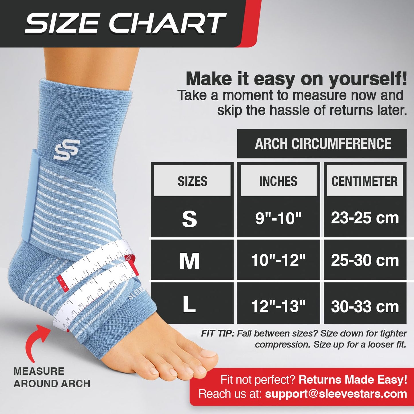 Sleeve Stars Ankle Brace for Women & Men, Ankle Wrap for Sprain, Compression Sleeve for Plantar Fasciitis Relief, Easy Customizable Support: w/ Removable Strap (Single/M:10"-12"/Light Blue)