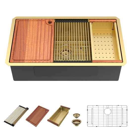 Donsdey 36 Inch Brushed Gold Undermount Workstation Kitchen Sink 36''x19'' Stainless Steel Single Bowl Undermount Large Capacity Sink with Luxury Accessories Handmade Deep Bowl Sinks