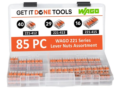 WAGO 221 Series 85pc Compact Splicing Wire Connector Assortment with Case, Includes (40x) 221-412, (29x) 221-413, (16x) 221-415, Lever Nuts