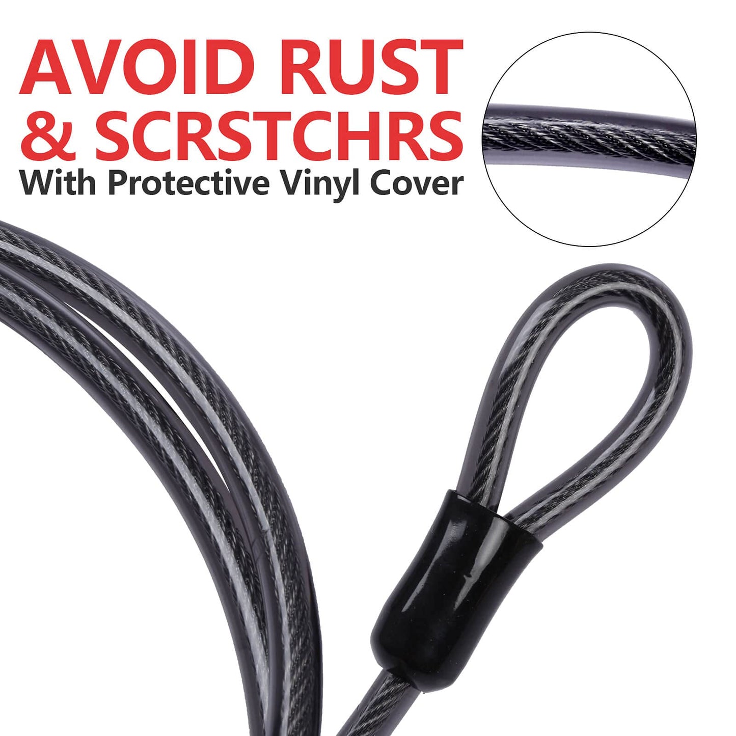 DELSWIN Security Steel Cable with Loops - 3/8 inch (10 mm) Thick (6' or 15') Heavy Duty Bike Lock Cable Vinyl Coated Braided Cables for U-Lock and Padlock