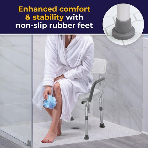 Drive Medical 12445KD-1 Shower Chair with Back and Padded Arms, Adjustable Height Bath Stool with Nonslip Feet, Tub Chair for Elderly, Bath Seat with Back, 350 LB Weight Cap, White