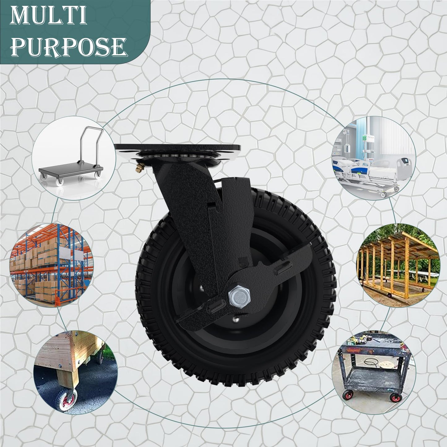 Lygoeege Swivel Heavy Duty Caster Wheel, 8 Inch*2, 1000lb Capacity, Black Rim, Solid Rubber, Cast Iron,Brake Casters,Outdoor, Flat Free for Carts, Dolly, Workbench,Trolley,DIY Tools