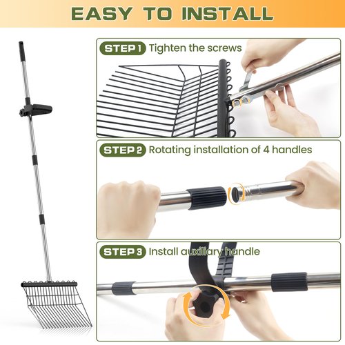 Manure Fork, Metal Horse Manure Rake with 2 Dura Fork Replacement Heads and 1 Steel Handle, Rust-Proof Heavy Duty Hay Rake Pitch Fork for Horse Stall Poop