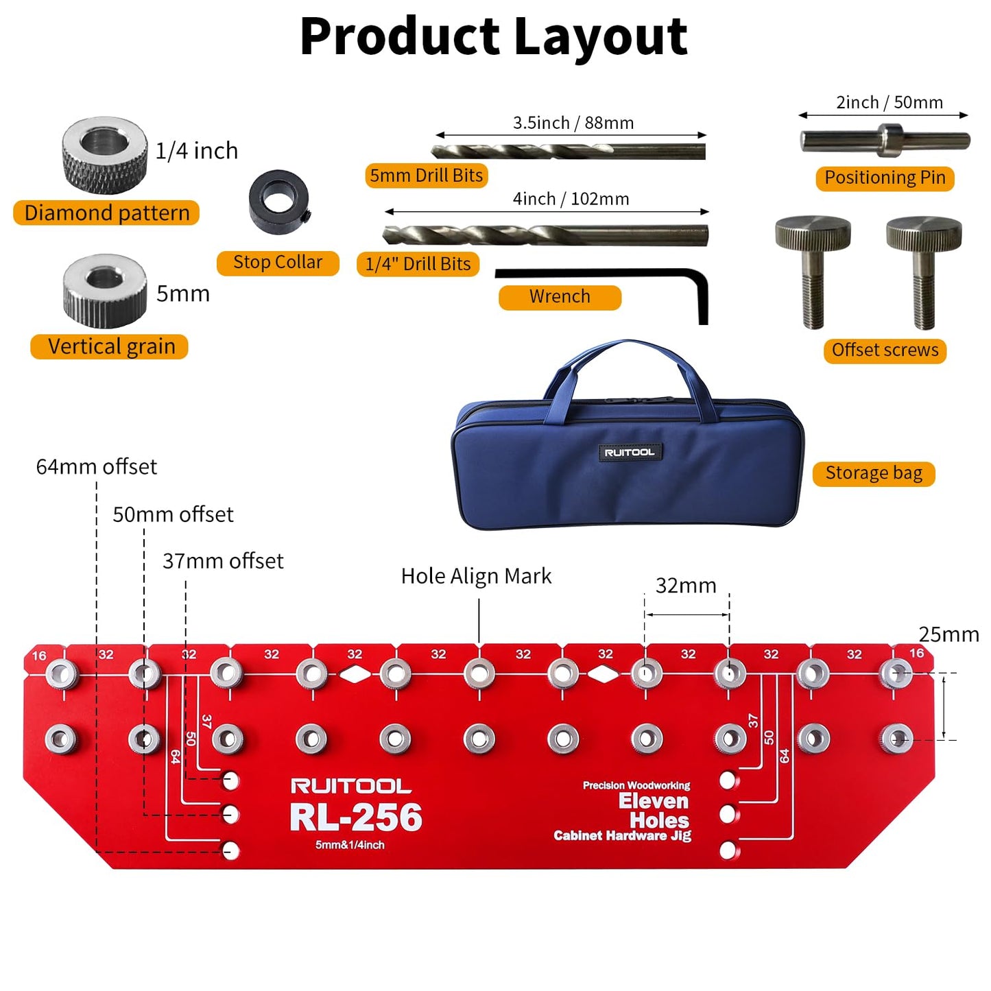 RUITOOL Shelf Pin Jig 11 Holes, Self-contained Clamping Function All Metal Shelf Pin Drilling Jig with 1/4" and 5mm Drill Bit, Shelf Hole Jig and Cabinet Hardware Jig Tool Drill Guide with Storage Bag
