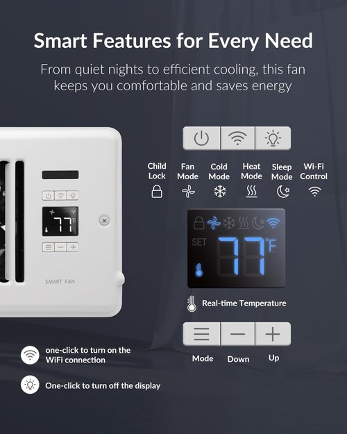 Super Quiet Register Booster Fan for 4" x 10" Register Holes, Smart Register Vent with Dual Intelligent Thermostat and WIFI App Control, Heating Cooling AC Vent Fan (White)
