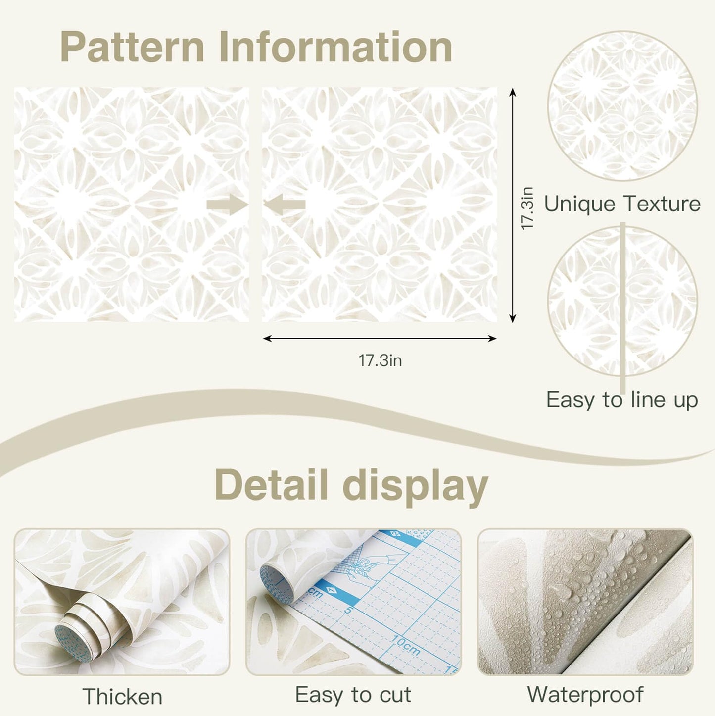 Fiula Boho Wallpaper Neutral Peel and Stick Wallpaper 78.7"x17.3" Geometric Wall Paper Beige and White Contact Paper Textured Removable Vinyl Waterproof for Bedroom Farmhouse Kitchen Bathroom