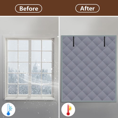 Nkiy Quen 3 Layer Winter Insulated Window Cover-63" x 39" Oxford Thermal Insulated Window Blanket with Fastener-Grey Window Insulation Kit for Winter Keeping Warm