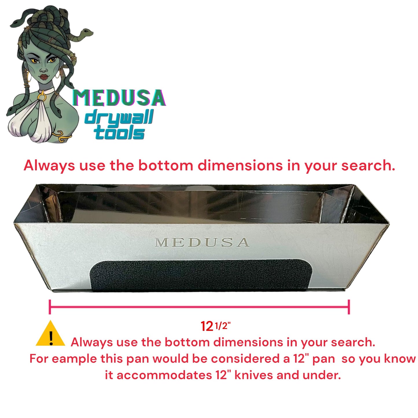 MEDUSA 12" Professional Grade Heli-Arc Welded Stainless Steel Drywall Taping Mud Pan with Non-Slip Grip, Easy Clean Knives 12" And Under, Durable, Built to Last