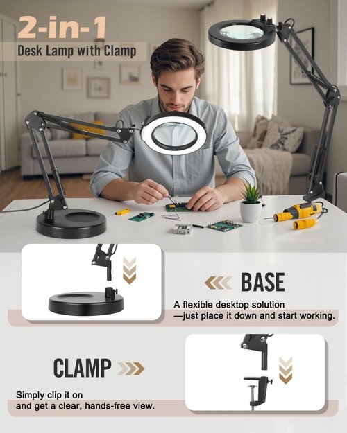 LANCOSC 10X Magnifying Glass with Light and Stand, Switch Knob for Multi-Color Modes Stepless Dimmable, LED Lighted Desk Lamp & Clamp, Hands Free Magnifier for Repair Crafts Hobby Painting Close Work