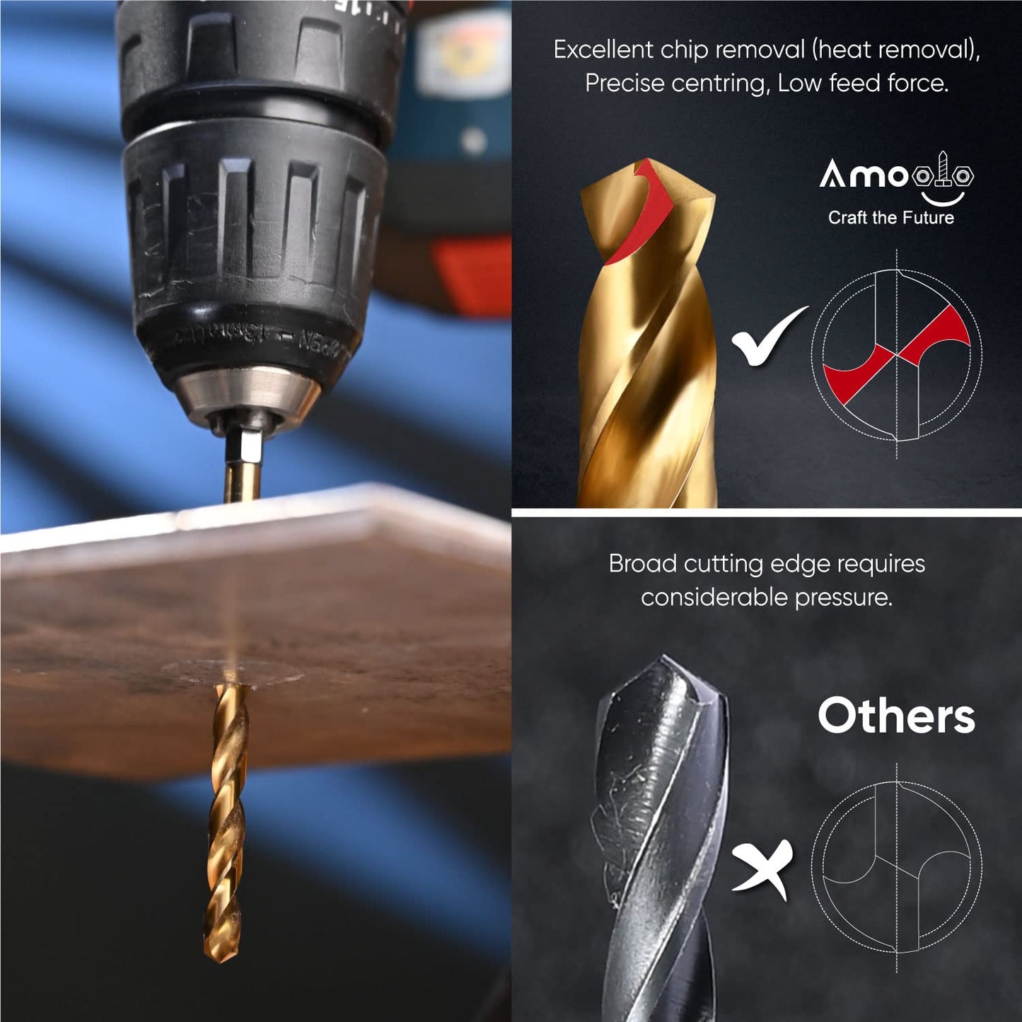 amoolo Hex Shank Drill Bit Set (13Pcs Set+3 Pcs Free), Premium 4341 HSS Titanium Impact Hex Drill Bits for Wood, Steel, Metal, Plastic, Quick Change Design (1/16 -1/4 )